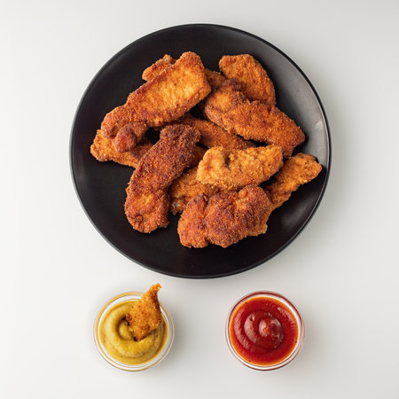 Crispy Chicken Strips with Spicy Mustard and Ketchup Sauces.の写真素材