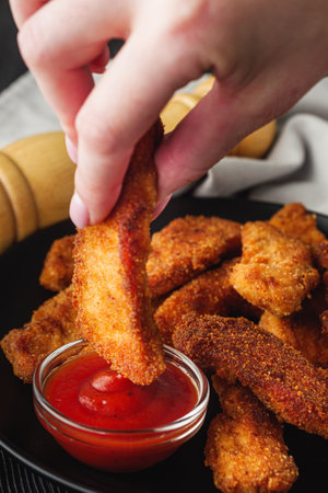 Crispy Chicken Strips with Spicy Sauces on a Rustic Wooden Background.の写真素材