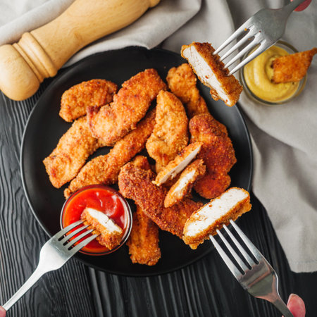 Crispy Chicken Strips with Spicy Sauces on a Rustic Wooden Background.の写真素材