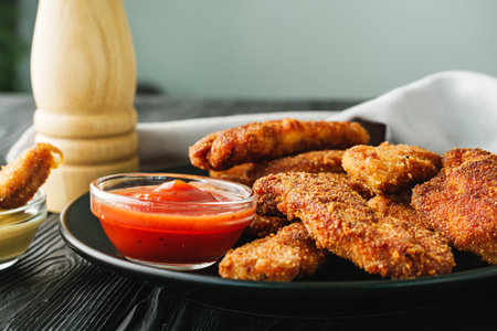 Crispy Chicken Strips with Spicy Sauces on a Rustic Wooden Background.の写真素材