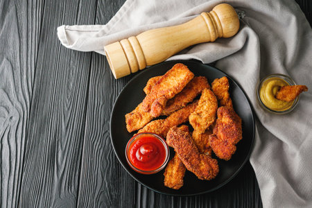 Crispy Chicken Strips with Spicy Sauces on a Rustic Wooden Background.の写真素材