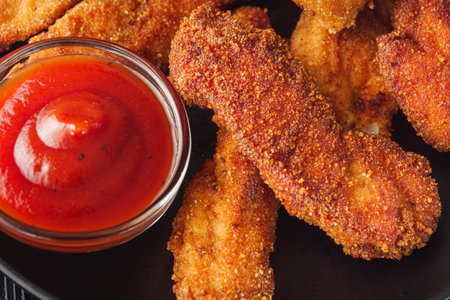 Crispy Chicken Strips with Spicy Sauces on a Rustic Wooden Background.の写真素材