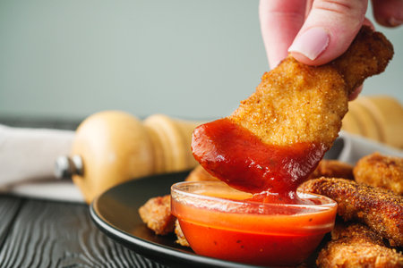 Crispy Chicken Strips with Spicy Sauces on a Rustic Wooden Background.の写真素材