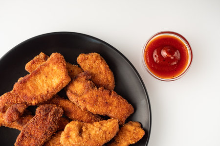 Crispy Chicken Strips with Spicy Mustard and Ketchup Sauces.の写真素材