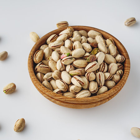 Fresh Pistachios: Nutritious Green Nuts on a White Background.の写真素材