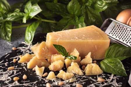 Gourmet Italian Parmigiano Reggiano with Basil and Pine Nuts: Aged Cheese Slice on Black and Wooden Backgrounds.の写真素材