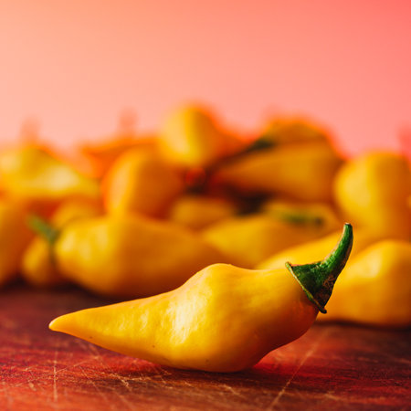 Aji Limo Pepper (Lemon Drop Pepper): Fresh and Spicy Yellow Chili Peppers with beautiful gradient background.の写真素材