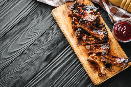 Rustic Grilled BBQ Ribs with Red Sauce Pork and Beef Roasted on Charcoal Wooden Background Delicious Meal.の写真素材