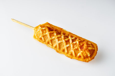 solated Corn Dog with Ketchup Mustard on White Plate with Cola Fast Food Snack.の写真素材