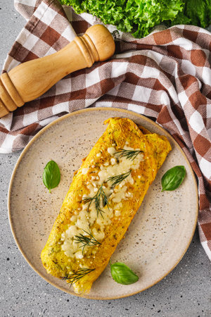Delicious Homemade Omelette: Fresh Ingredients with Cheese, Mushrooms, and Vegetables.の写真素材
