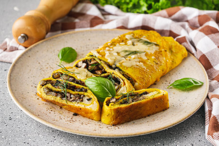 Delicious Homemade Omelette: Fresh Ingredients with Cheese, Mushrooms, and Vegetables.の写真素材