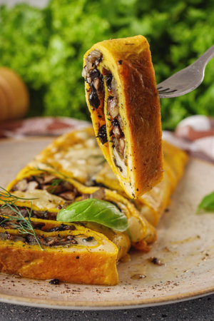 Delicious Homemade Omelette: Fresh Ingredients with Cheese, Mushrooms, and Vegetables.の写真素材