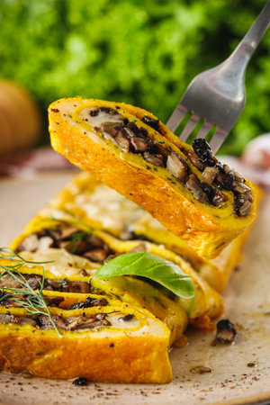 Delicious Homemade Omelette: Fresh Ingredients with Cheese, Mushrooms, and Vegetables.の写真素材