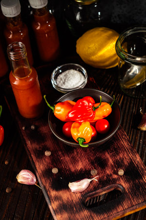 Superhot Habanero Peppers: Fresh and Spicy Chili with Ingredients on a Wooden Background.の写真素材