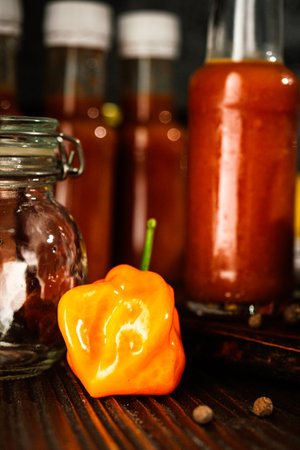 Superhot Habanero Peppers: Fresh and Spicy Chili with Ingredients on a Wooden Background.の写真素材
