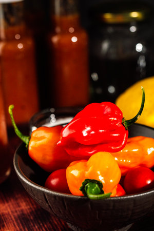 Superhot Habanero Peppers: Fresh and Spicy Chili with Ingredients on a Wooden Background.の写真素材