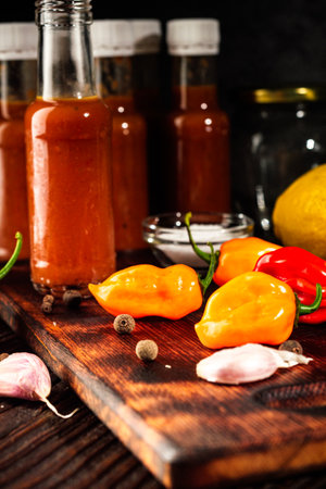 Superhot Habanero Peppers: Fresh and Spicy Chili with Ingredients on a Wooden Background.の写真素材