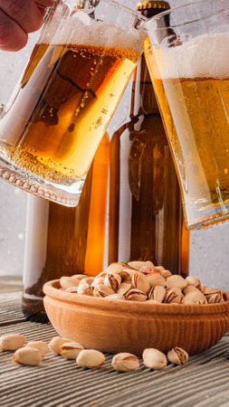 Beer and Cracked Pistachios: A Perfect Pairing on Wooden and Black Backgrounds.の写真素材