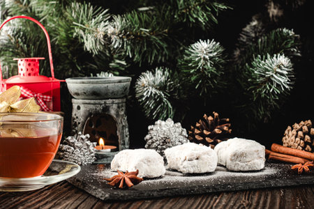Traditional Greek Kourabiedes with Christmas Decorations: Festive Holiday Cookies on a Rustic Wooden Table.の写真素材