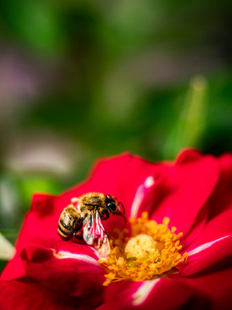 Closeup of a Bee on Pink Rose Flowers in a Garden Blooming with Colorful Spring Beauty and...
