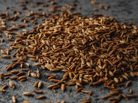 Closeup of Aromatic Cumin Seeds and Spices on a Rustic Background.の写真素材