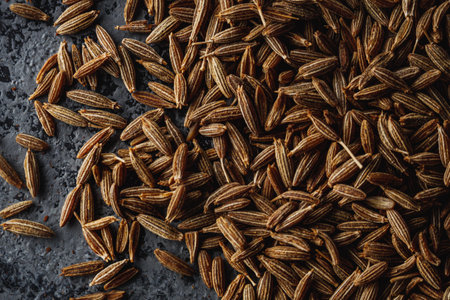 Closeup of Aromatic Cumin Seeds and Spices on a Rustic Background.の写真素材