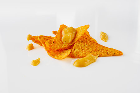 Crunchy Cheese Nachos with Spicy Chilli on a White Background Perfect for Snack Time.の写真素材