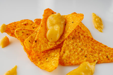 Crunchy Cheese Nachos with Spicy Chilli on a White Background Perfect for Snack Time.の写真素材