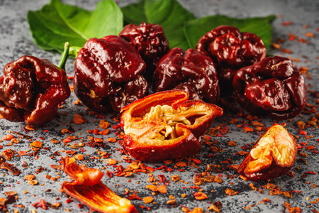 Variety of Spicy Peppers Including Aji Limo, Habanero, and Carolina Reaper on a Vibrant Background.の写真素材