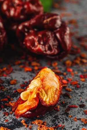 Variety of Spicy Peppers Including Aji Limo, Habanero, and Carolina Reaper on a Vibrant Background.の写真素材