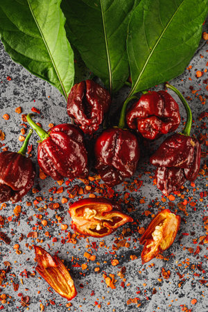 Variety of Spicy Peppers Including Aji Limo, Habanero, and Carolina Reaper on a Vibrant Background.の写真素材