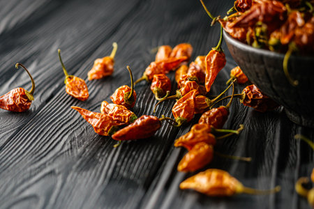 Assorted Dried Capsicum and Fresh Lemon Drop Chili Peppers Highlighting Aji Lemon and Yellow Chili.の写真素材