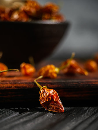 Assorted Dried Capsicum and Fresh Lemon Drop Chili Peppers Highlighting Aji Lemon and Yellow Chili.の写真素材