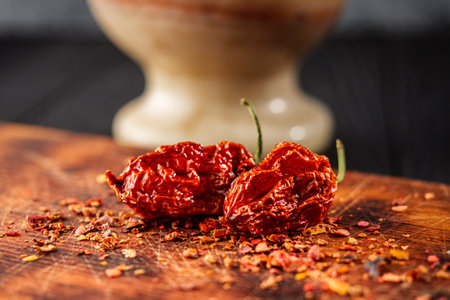 Fresh and Dried Habanero and Chili Peppers with Capsicum and Yellow Pickled Paprika on Wooden Background.の写真素材