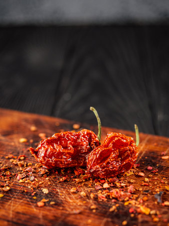 Fresh and Dried Habanero and Chili Peppers with Capsicum and Yellow Pickled Paprika on Wooden Background.の写真素材