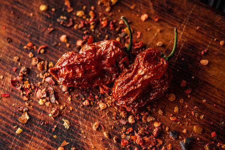 Fresh and Dried Habanero and Chili Peppers with Capsicum and Yellow Pickled Paprika on Wooden Background.の写真素材
