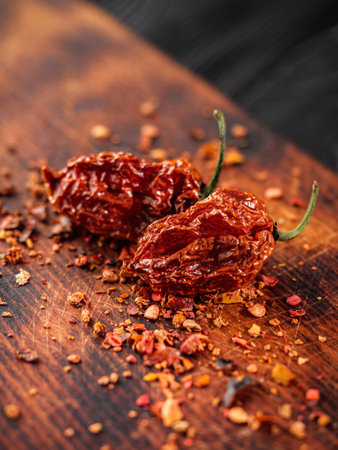 Fresh and Dried Habanero and Chili Peppers with Capsicum and Yellow Pickled Paprika on Wooden Background.の写真素材