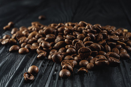 Roasted Coffee Beans with Rich Aroma and Caffeine for Fresh Espresso and Cappuccino.の写真素材