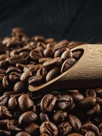 Roasted Coffee Beans with Rich Aroma and Caffeine for Fresh Espresso and Cappuccino.の写真素材