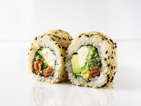 Fresh Sushi Rolls with Salmon and Tuna, Japanese Cuisine on a Gourmet Seafood Plate.の写真素材