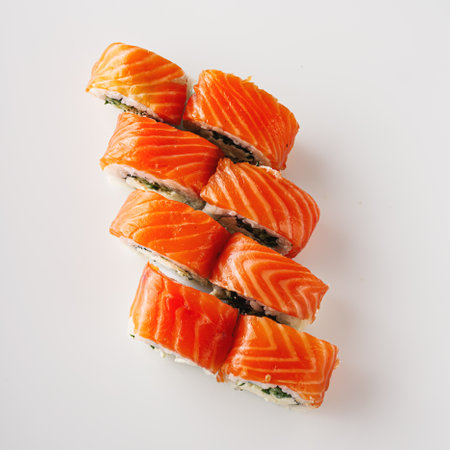 Fresh Sushi Rolls with Salmon and Tuna, Japanese Cuisine on a Gourmet Seafood Plate.の写真素材