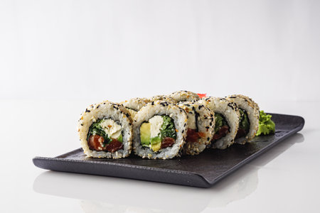 Fresh Sushi Rolls with Salmon and Tuna, Japanese Cuisine on a Gourmet Seafood Plate.の写真素材