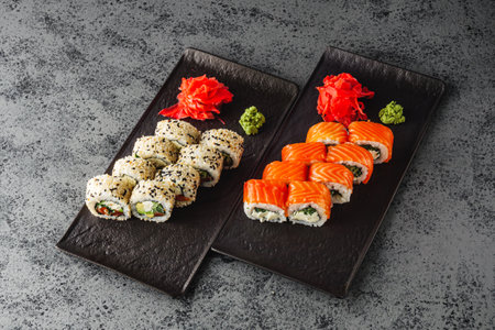 Fresh Sushi Rolls with Salmon and Tuna, Japanese Cuisine on a Gourmet Seafood Plate.の写真素材