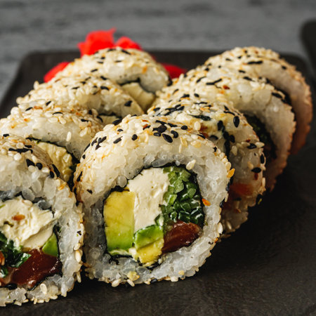 Fresh Sushi Rolls with Salmon and Tuna, Japanese Cuisine on a Gourmet Seafood Plate.の写真素材
