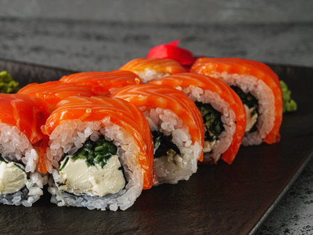 Fresh Sushi Rolls with Salmon and Tuna, Japanese Cuisine on a Gourmet Seafood Plate.の写真素材