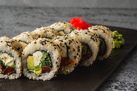 Fresh Sushi Rolls with Salmon and Tuna, Japanese Cuisine on a Gourmet Seafood Plate.の写真素材