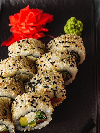 Fresh Sushi Rolls with Salmon and Tuna, Japanese Cuisine on a Gourmet Seafood Plate.の写真素材