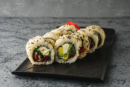 Fresh Sushi Rolls with Salmon and Tuna, Japanese Cuisine on a Gourmet Seafood Plate.の写真素材