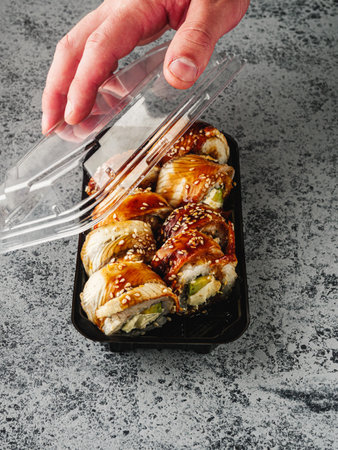 Fresh Sushi Rolls with Salmon and Tuna, Japanese Cuisine on a Gourmet Seafood Plate.の写真素材