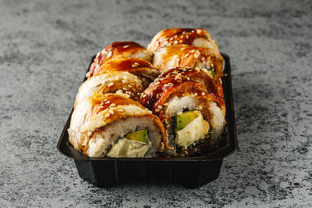 Fresh Sushi Rolls with Salmon and Tuna, Japanese Cuisine on a Gourmet Seafood Plate.の写真素材